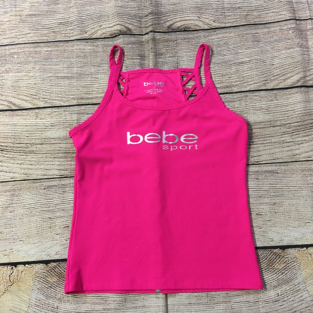 😍BEBE Athletic Tank Top Fuchsia Hot Pink Silver accents size Small